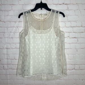 Garnet Hill Womens Ivory Lace Embroidered Sheer Sleeveless Tank Top Size 8